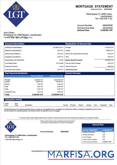 Realistic Liechtenstein LGT Bank mortgage statement Word and PDF template